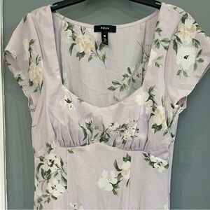 Aqua Lavender Drop Waist Floral Dress with White and Green Accents